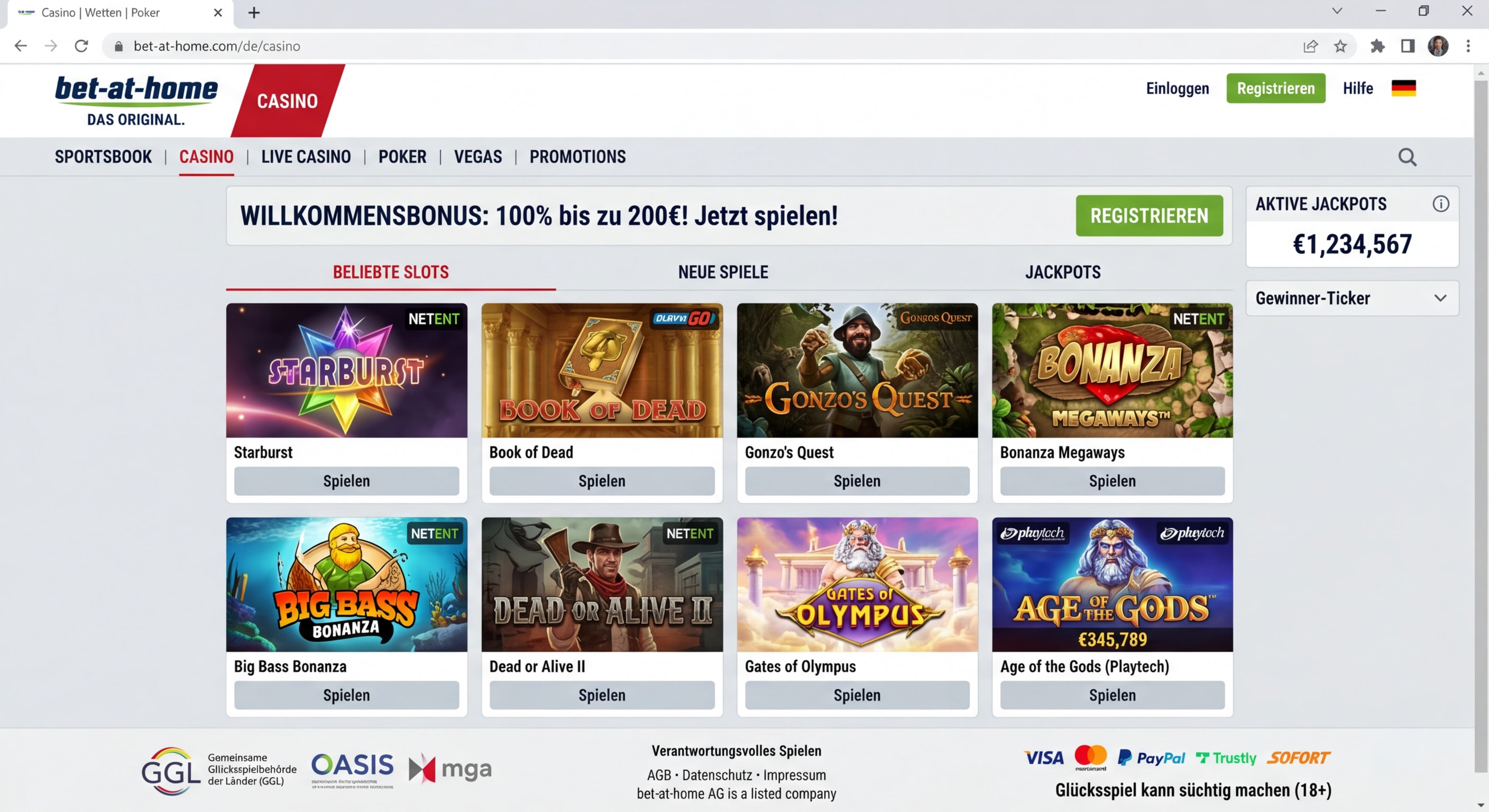 Screenshot der bet-at-home Webseite